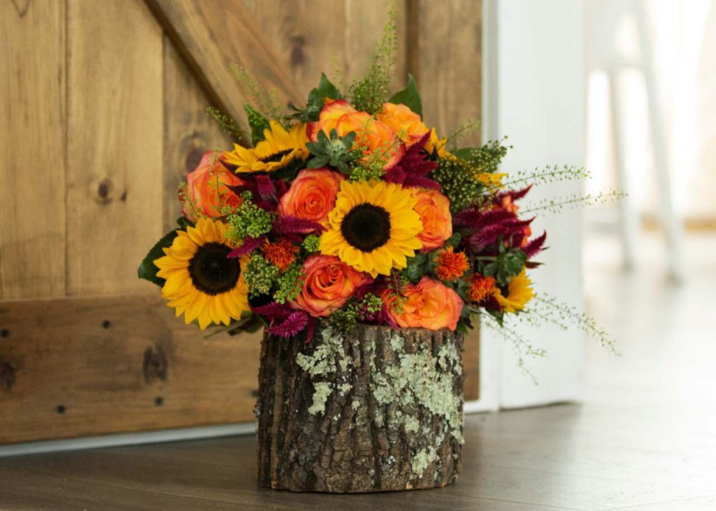 Wedding Bride Bouquet - Sunflower Roses on log