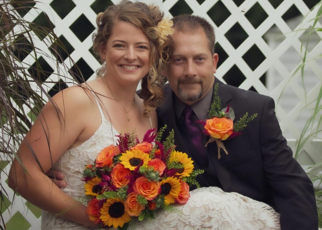 Wedding Bride & Groom Sunflower Rose Floral Boquet and Boutonniere Closeup