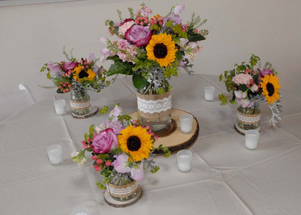 Wedding Reception - Sunflower Mason Jar floral table arrangement