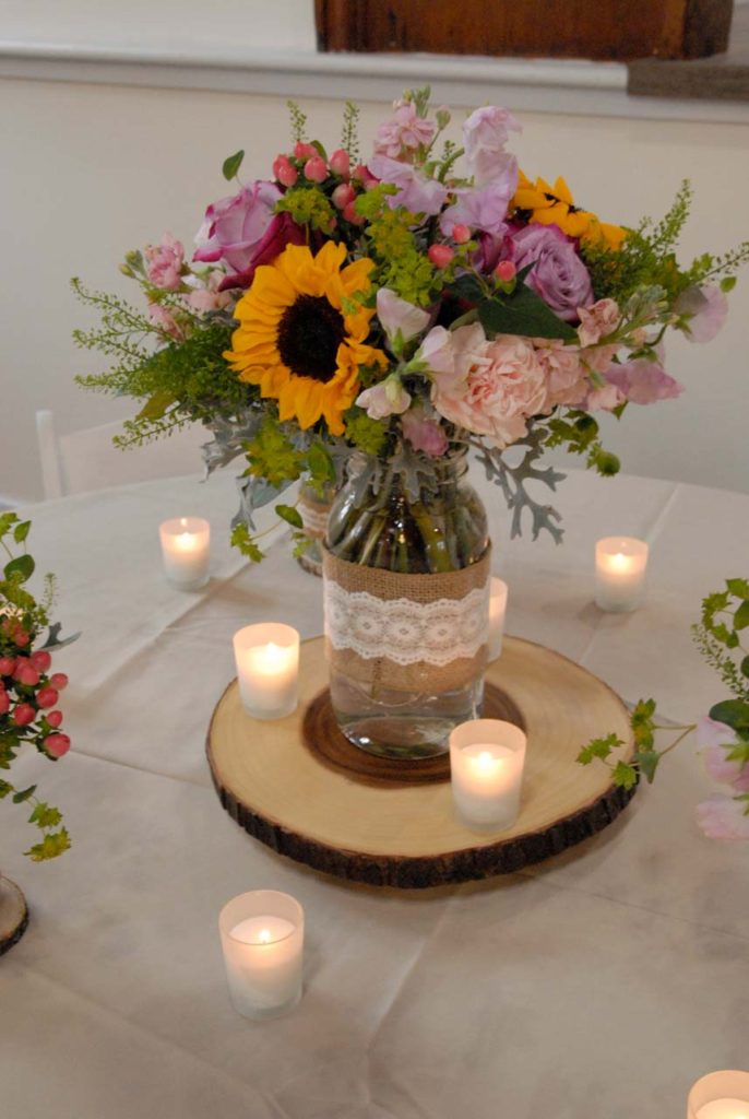 Wedding Reception - Sunflower Mason Jar floral table arrangement